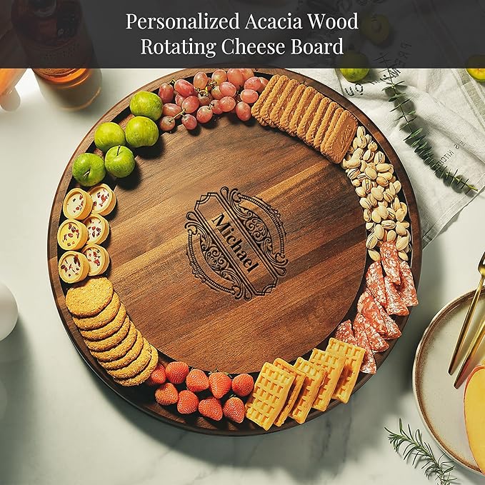 Shanik Acacia Wood Rotating Cheese Board ??Round Lazy Susan Charcuterie Platter for Appetizers, Crackers, Meat, and Cheese Serving Tray