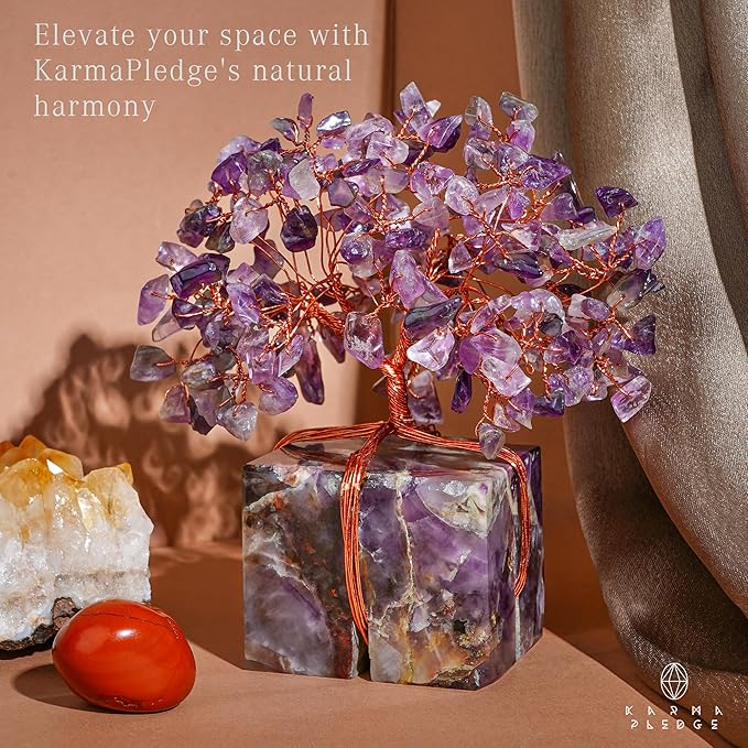 Crystal Tree of Life for Home and Office Decor, Handmade Raw Crystal Base Amethyst Chakra Healing Crystal Tree for Positive Energy, Money, Good Luck, Christmas D챕cor, Birthday Gifts for Women
