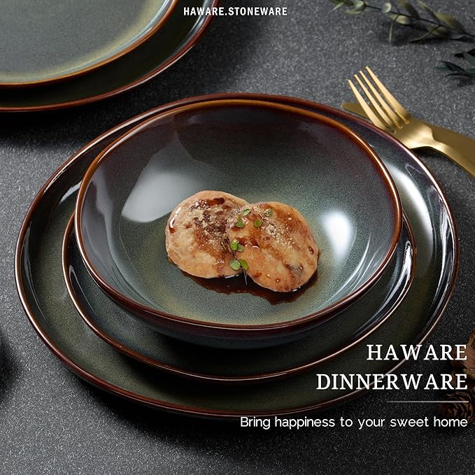 HaWare Plates and Bowls Set, Stoneware Dinnerware Sets, 24-Piece Hand-painted Dishware for 6, Ceramic Dinner Set for Home Kitchen, Scratch Resistant, Microwave and Dishwasher Safe, Reactive Moss Green
