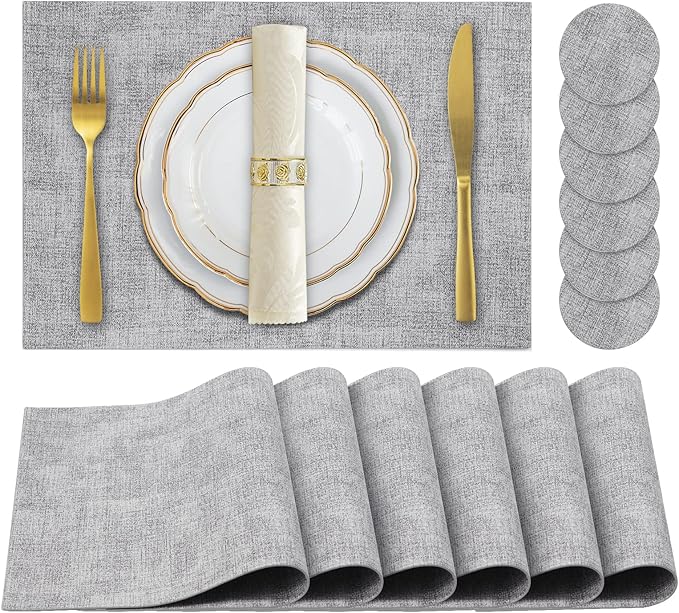 JUCCWARM Faux Leather Placemats Set of 6,Heat Resistant Placemats for Dining Table, Easy Clean Non-Slip Place Mats, Waterproof Stain Resistant Wipeable Washable PU Table Mats, (Light Grey)