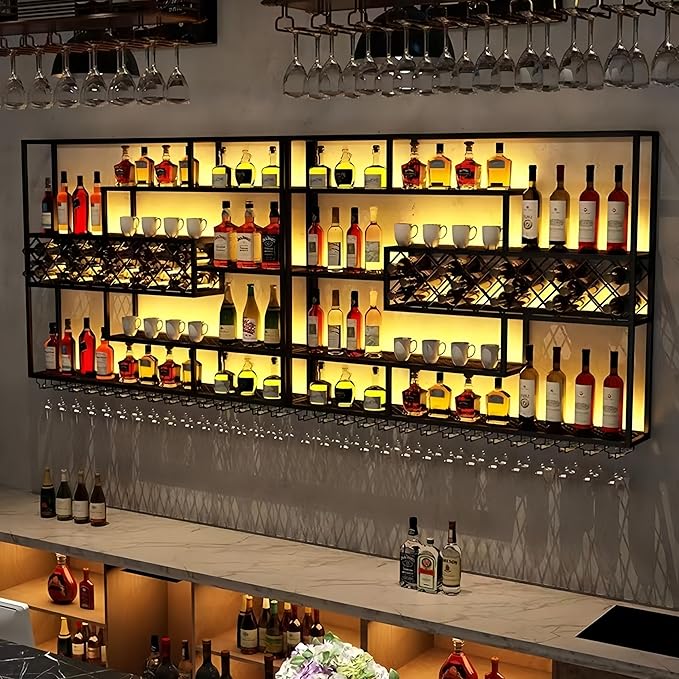 94 Inch Iron Wall Mounted Wine Rack & Bar Shelf for Liquor Bottles, Industrial Wall Bar Shelf with LED Lights, Large Capacity Metal Hanging Goblet Rack for Kitchen, Dining Room, Black