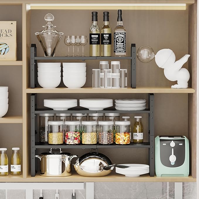 Expandable Shelf for Cabinet Organizer Adjustable Stackable Spice Rack at Kitchen and Bathroom More, Counter Countertop Cupboard Organization Pantry Storage (1 Pack/Black, Large)