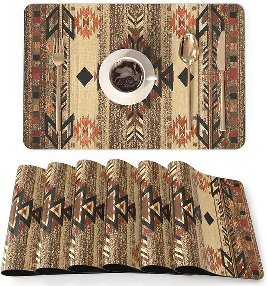QIYI Placemats Set of 6, 12x18 Inch PU Leather Place Mats for Kitchen Dinning, Heat Resistant Anti Slip Brown Table Mats, Waterproof Wipeable Washable Placemat Party Table D챕cor, Geometric Motifs