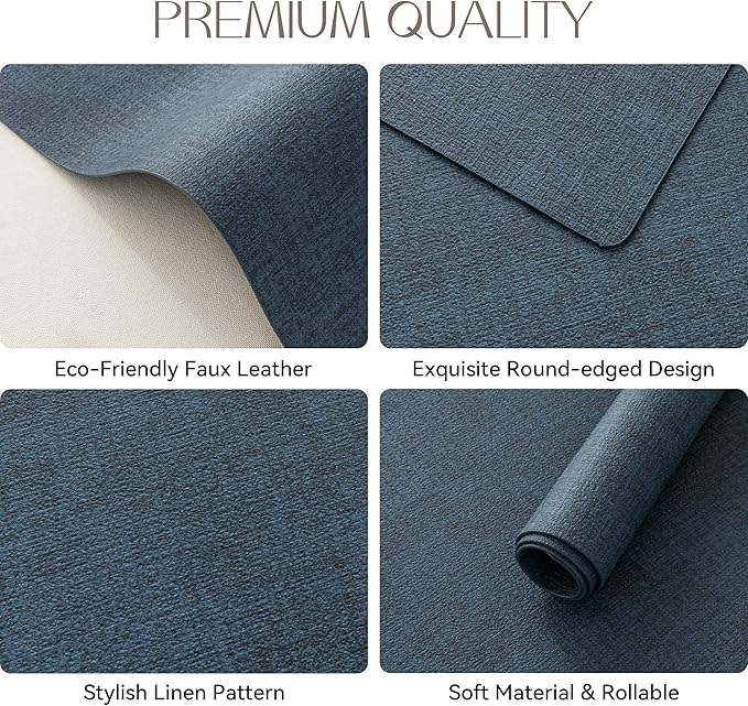 Romanstile Vinyl Placemats Set of 6-12 X 17 Inch - Heat Resistant Place Mats 100% Waterproof Oilproof Wipeable Reversible Faux Leather Table Mats for Kitchen, Dining, Party, Outdoor, Navy Blue