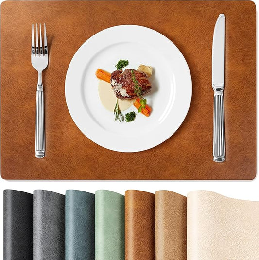 Roxifina Faux Leather Placemats Set of 8 - Vinyl Placemats Wipeable Waterproof Oil-Proof PU Place Mats Heat Resistant Reversible Table Mats for Dining, Kitchen, Outdoor, 12 x 17 Inch (Reddish Brown)