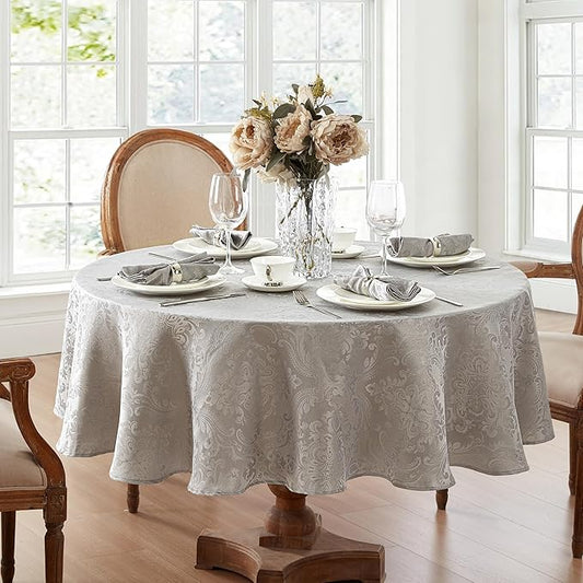 Elrene Home Fashions Caiden Elegance Damask Waterproof, Stain & Wrinkle Resistant Fabric Tablecloth, 70" Round, Silver
