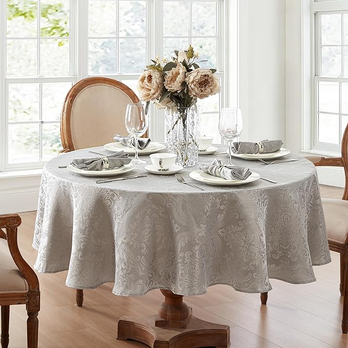Elrene Home Fashions Caiden Elegance Damask Waterproof, Stain & Wrinkle Resistant Fabric Tablecloth, 60" x 84" Oval, Silver