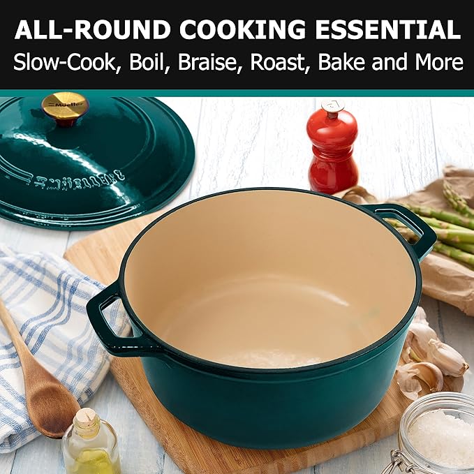 Mueller DuraCast 6 Quart Enameled Cast Iron Dutch Oven Pot with Lid, Heavy-Duty, Oven Safe up to 500째 F & Across All Cooktops, Wedding Registry Ideas & Gifts, Emerald