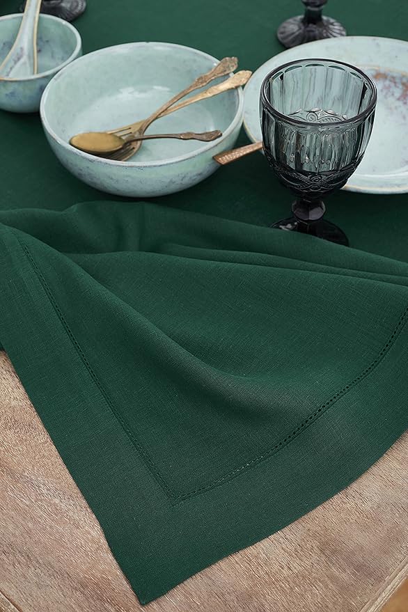 Solino Home Rainforest Green Linen Tablecloth 60 x 108 Inch - Classic Hemstitch, 100% Pure Linen Rectangular Tablecloth - Machine Washable Table Cloth for Winter, St Patricks Day