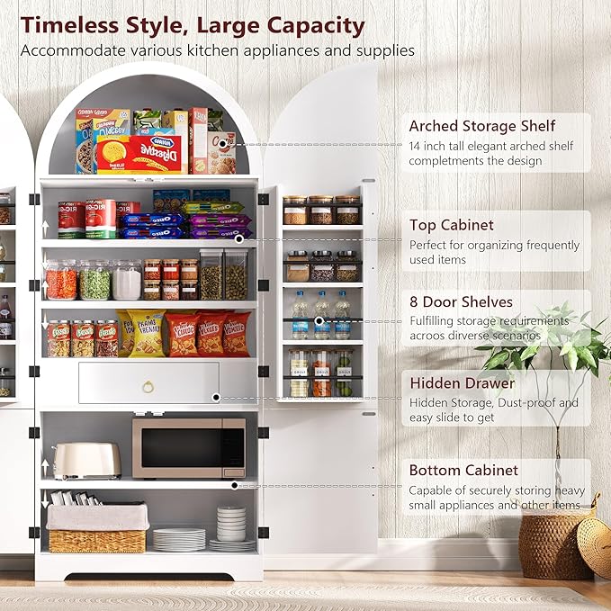 72" Tall Arched Kitchen Pantry, Modern Fluted Wood Storage Cabinet with 3 Adjustable Shelves and Hidden Drawer, Versatile Cupboard for Dining Room, Living Room, Bathroom, White