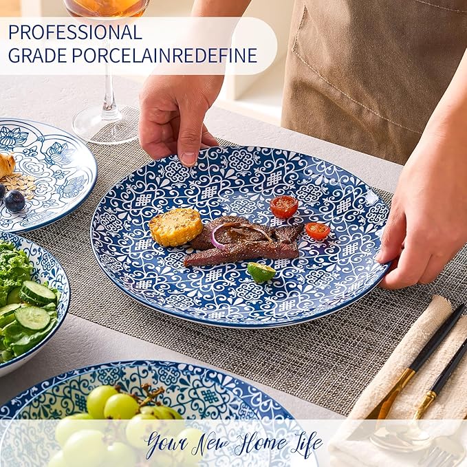 Bestone Porcelain Dinnerware Sets Service for 4, 12 pcs Hand drawn Plates and Bowls Sets, Handmade Ceramic Dish Set, Chip Resistant Modern Plate Set, Dishwasher/Microwave Safe竊똙intage Blue