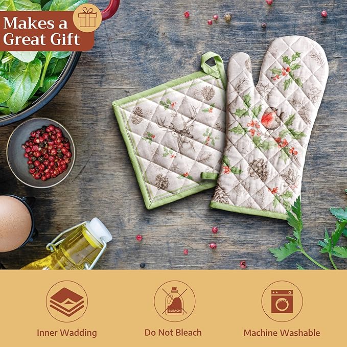 Maison d' Hermine Oven Gloves 100% Cotton Oven Mitt 7" x 13" with Loop Heat Resistant BBQ Cooking Gloves for Thanksgiving Christmas Decorations Baking Handling Hot Pans (Pack of 1, Christmas Dew)