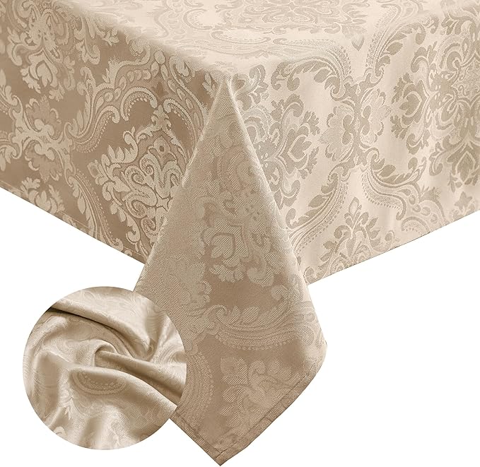 Elrene Home Fashions Caiden Elegance Damask Waterproof, Stain & Wrinkle Resistant Fabric Tablecloth, 60" x 84" Oblong/Rectangle, Taupe