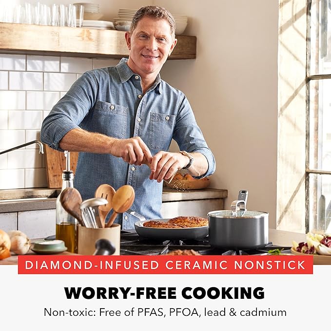 GreenPan x Bobby Flay 2 Piece- 8??and 10??Nonstick Frying Pan Skillet Set, PFAS-Free Diamond Ceramic, Induction Suitable, Stay-Cool Silicone Handle, Easy Clean Dishwasher & Oven Safe, Graphite