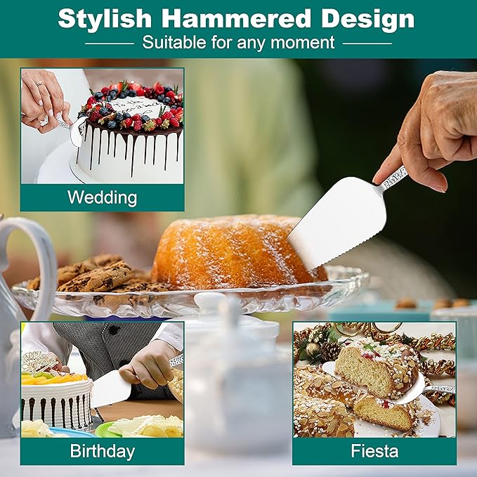 5-Piece Pie Server, E-far Hammered Stainless Steel Cake Server Spatula for Cutting Pastry Cheese Pizza, Serrated Edge with Square Handle, Mirror Polished & Dishwasher Safe-8.9 Inch