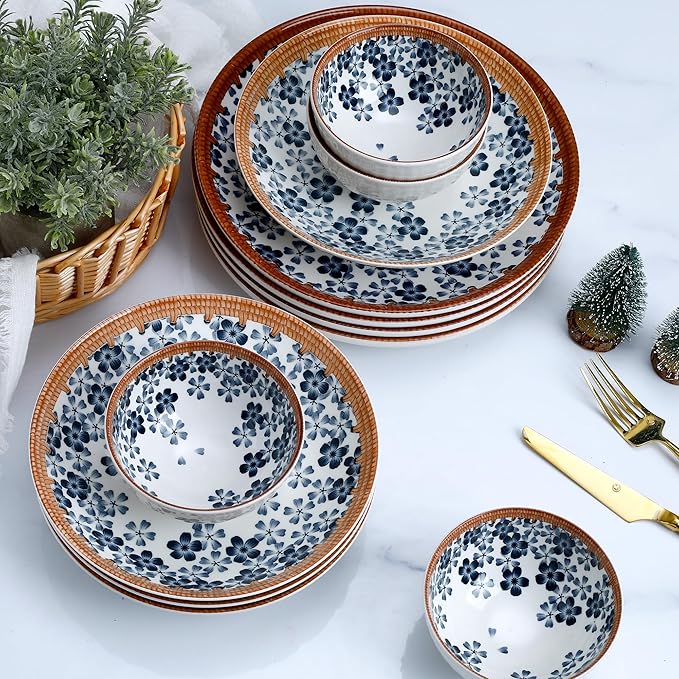 Sakura Blossom Dinnerware Set 12-Piece, Porcelain Plates and Bowls Set for 4, Microwave and Dishwasher Safe