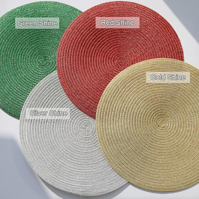 AHHFSMEI Round Braided Placemats 15 Inch Round Table Mats for Dining Tables Natural Woven Heat Resistant Place mats Set of 6 (Silver Shine)