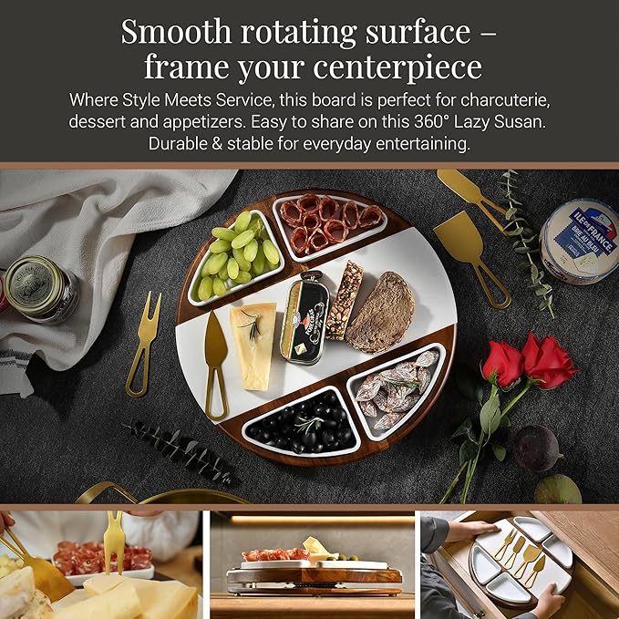 Shanik Acacia Wood Lazy Susan Cheese Board Set ??Rotating Charcuterie Platter with 4 Ceramic Bowls & Knives, Round Serving Tray for Weddings & Parties