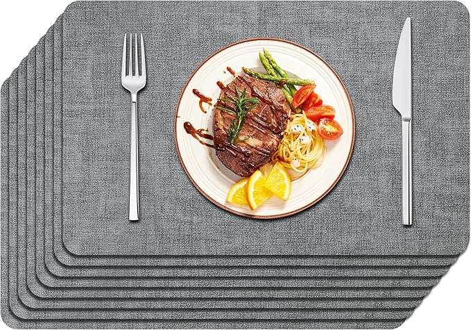 Maxpearl Faux Leather Placemats Set of 8 ??Waterproof, Wipe Clean, Heat Resistant, Non-Slip Dining Table Mats for Indoor & Outdoor Use, 17?씳?2?? Grey