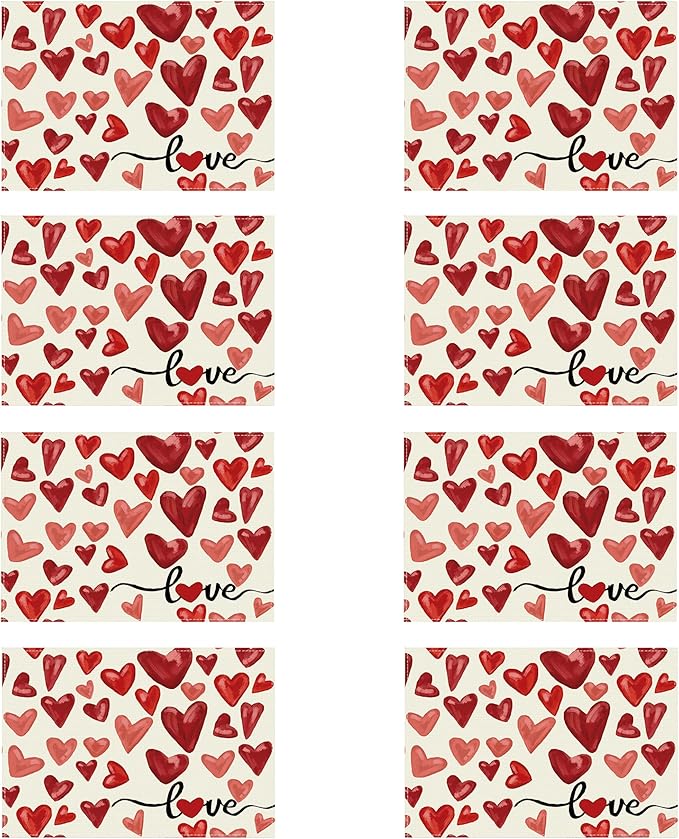 XCHI Watercolor Red Love Hearts Valentine?셲 Day Placemats Set of 8 Table Mats for Party Home Kitchen Dining Table Decorations 12x18 Inch