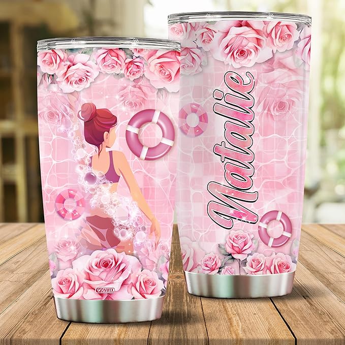 WONWIX Personalized Swimming Gifts for Women, Swim Coffee Cup Mug Tumbler Gift for Wife, Daughter, Christmas, Birthday, Mother's Day, Valentine, Travel Water Bottle Insulated 20oz Stainless Steel