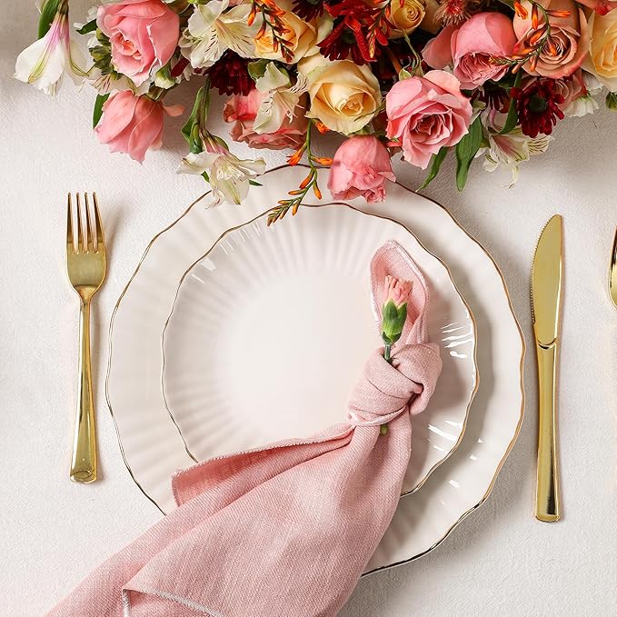 Christian Siriano Zinnia Porcelain Dinnerware Set, 24-Piece Plates and Bowls Set, White and Gold Dish Set for 8, Scalloped Edge, Hand Wash Only