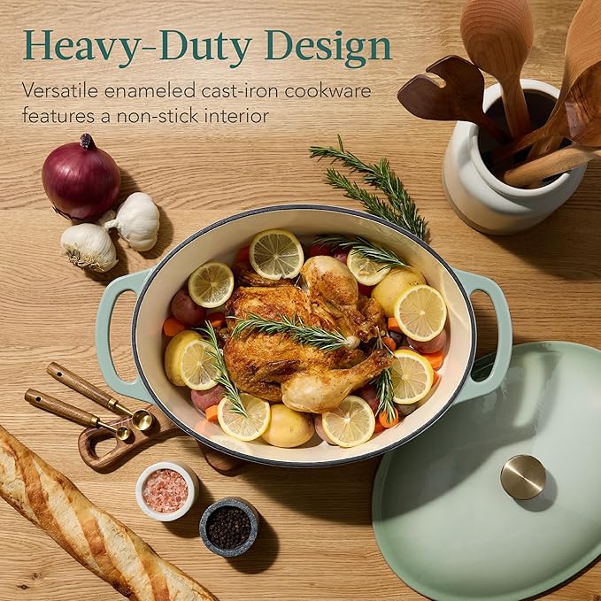 Best Choice Products Oval 7.5 Quart Enamel Cast-Iron Dutch Oven, Heavy-Duty Pre-Seasoned for Baking, Cooking w/Side Handles ??Sage Green