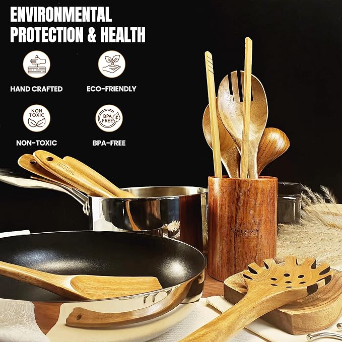 Natural Wooden Spoons for Cooking - 12 Pcs Non Teak Wooden Utensil Set Safe Kitchen Utensil Set with Nonstick Wood Spatula, Bamboo Wooden Cooking Utensils Set With Holder & 6 Hooks
