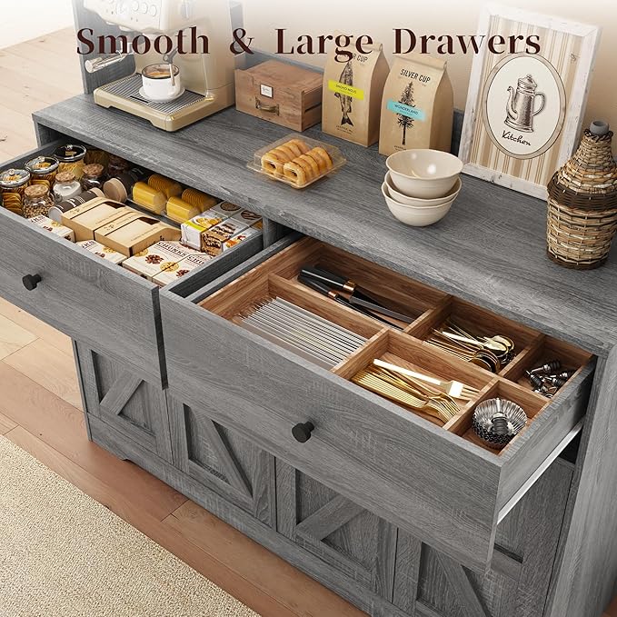 71" Tall Kitchen Pantry Storage Cabinet with Charging Station, 47.2" Wide Kitchen Hutch Cabinet with Large Countertop, Farmhouse Food Pantry with Drawers for Living Room, Gray