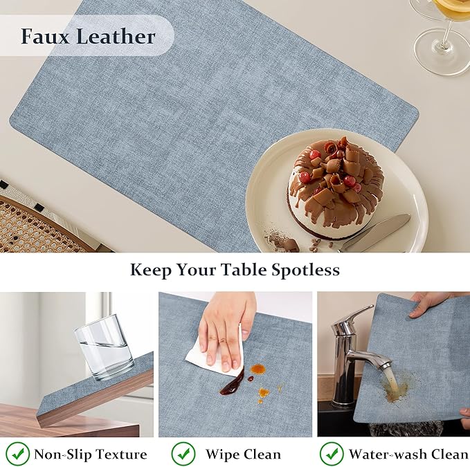 FROMHEART Faux Leather Placemats Set of 12?밯aterproof,Heat/Oil Stain-Resistant PU Table Mat?밨eversible,Non-Slip,Easy to Clean Place Mats for Kitchen,Dining,Indoor/Outdoor,(Light Blue,11.8" x 17")