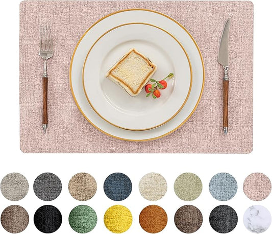 Romanstile Vinyl Placemats Set of 6-12 X 17 Inch - Heat Resistant Place Mats 100% Waterproof Oilproof Wipeable Reversible Faux Leather Table Mats for Kitchen, Dining, Party, Outdoor, Pink