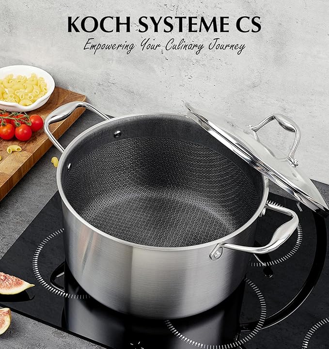 KOCH SYSTEME CS Triply Stainless Steel Pot 6 Quart, Nonstick Hybird 18/10 Stainless Steel Stock Pot with Lid, Nonstick Cooking Pots with Honeycomb Interior, Compatible with All Cooktops, Oven Safe