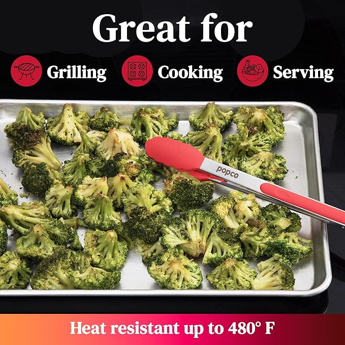 Popco 3-Piece Kitchen Tongs Set ??Stainless Steel Heat Resistant Silicone Tips, Strong Comfort Grip, 3 Sizes (7, 9, 12 Inch), Non-Scratch, Dishwasher Safe, for Cooking, BBQ, Salad