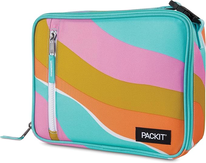 PackIt짰 Freezable Classic Lunch Box, Retro Wave, Built with EcoFreeze짰 Technology, Fully Freezable, Collapsible, Reusable, With Zip Front Pocket and Buckle Handle, Designed for Fresh Lunch On the Go