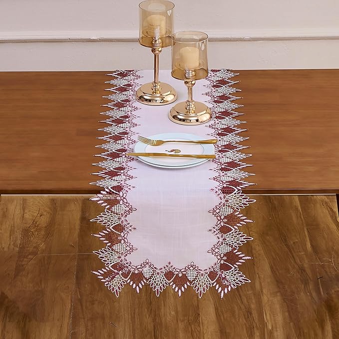 Raedan White Dark Red Lace Linen Table Runner 36 inches Long, Claret Dresser Scarf Table Topper for Christmas Kitchen Coffee Table Wedding Party Home Decor (Dark Red, 16?쓝36??
