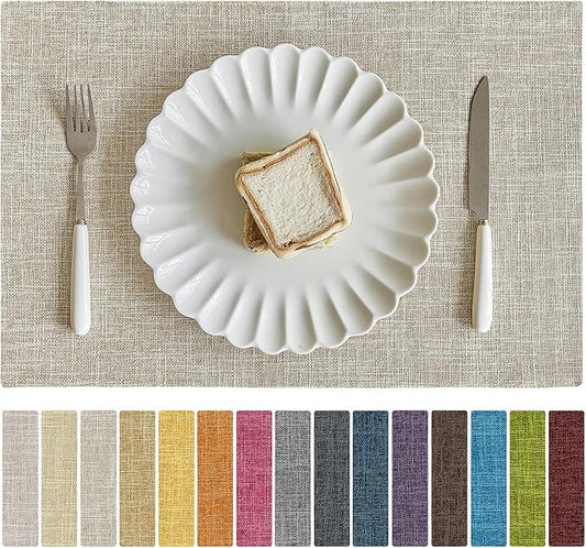 Softalker Faux Linen Placemats Set of 4-12 x 18 Inch, Heat Resistant Double Layered Durable Burlap Farmhouse Place Mats, Non-Slip Washable Rustic Table Mats for Dining, Kitchen, Party竊뉰eige