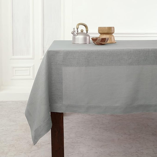 Solino Home Soft Grey Linen Tablecloth 60 x 120 Inch - 100% Pure Linen Hemstitch Table Cloth for Rectangle Tables - Classic Hemstitch, Machine Washable Tablecloth for Winter, Spring, Easter