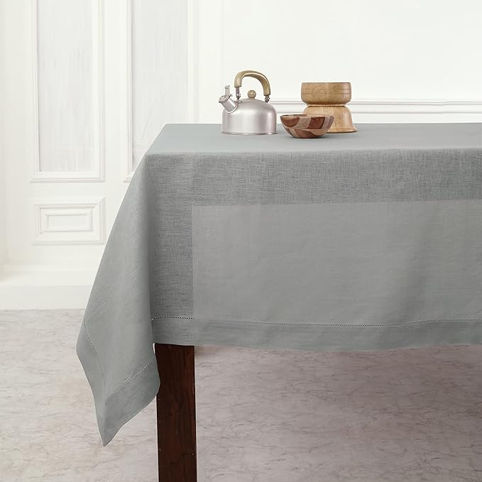 Solino Home Linen Tablecloth for Rectangle Tables 60 x 90 Inch - Classic Hemstitch 100% Pure Linen Soft Grey Table Cloth - Machine Washable Cloth Tablecloth for Winter, Spring, Easter