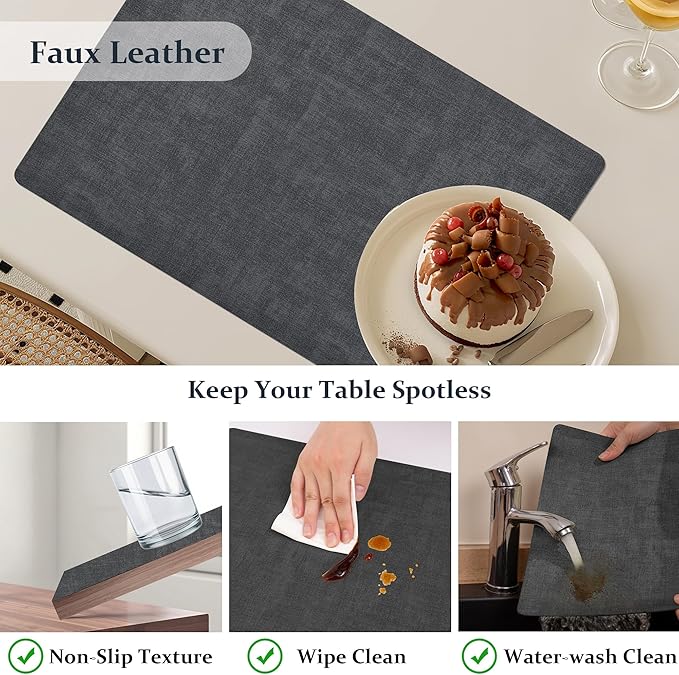 FROMHEART Faux Leather Placemats Set of 6?밯aterproof,Heat/Oil Stain-Resistant PU Table Mat?밨eversible,Non-Slip,Easy to Clean Place Mats for Kitchen,Dining,Indoor/Outdoor,(Dark Grey,11.8" x 17")