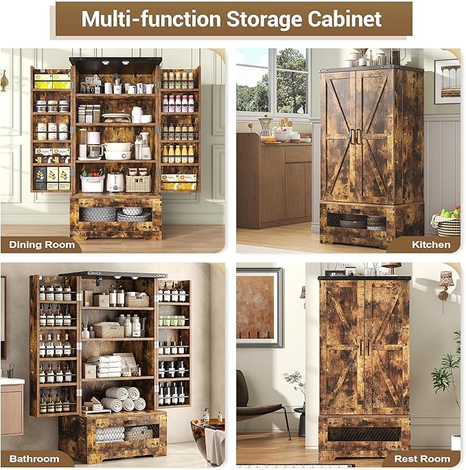 Pantry Cabinets with Adjustable Shelves and Drawer, Farmhouse Kitchen Pantry Storage Cabinet, Buffet Cupboards Sideboard for Kitchen, Dining Room, Living Room Use (Brown, 16" D x 24" W x 47" H)