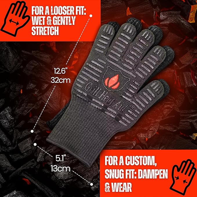 GRILL HEAT AID Extreme Heat Resistant BBQ Gloves - 1472째F Heat Proof Grill Gloves for Grilling EN407 Certified Fireproof Gloves for Fire Pit & Smoker, High Temp Grill Mitts for Outdoor Cooking & Oven