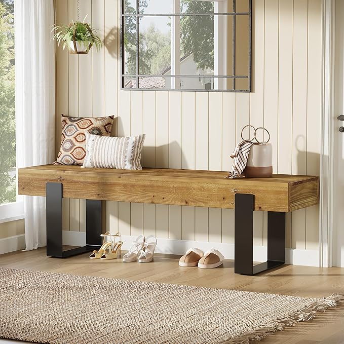 TRIBEWOOD Solid Wooden Entryway Bench, 63" Farmhouse Indoor Shoe Bench with Metal Legs, Industrial Long End of Bed Stool with Seating for Entry, Hallway, Porch, Living Room, Mudroom, Easy Assembly