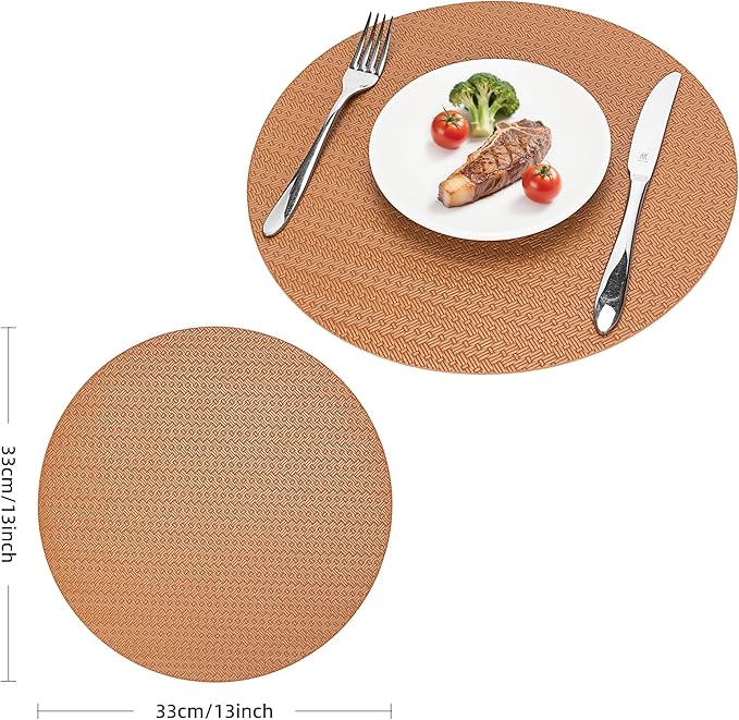 PROMATTOO Round Faux Leather Placemats Set of 4 ??13 Inch Vinyl Table Mats, Heat Resistant, Non Slip, Wipeable & Washable, Easy to Clean Dining Table Decor for Kitchen & Dining Room ??Cinnamon Brown