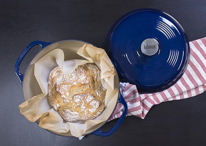 Lodge 6 Quart Enameled Cast Iron Dutch Oven with Lid ??Dual Handles ??Oven Safe up to 500째 F or on Stovetop - Use to Marinate, Cook, Bake, Refrigerate and Serve ??Indigo
