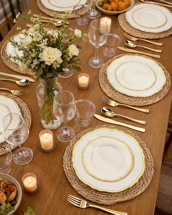 Hioasis 60PCS Ivory Plastic Plates - Ivory and Gold Disposable Dinnerware with Gold Rim, Heavy-duty, 10 inch, Dinner Plates for Party & New Year