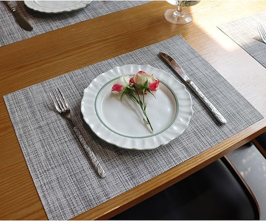 Placemats Set of 4,Heat Resistant Non-Slip Table Mats,Place mats for Dining Table,Washable Durable PVC Vinyl Woven Placemat（Light Gray）