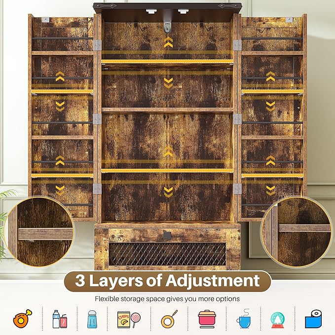 Pantry Cabinets with Adjustable Shelves and Drawer, Farmhouse Kitchen Pantry Storage Cabinet, Buffet Cupboards Sideboard for Kitchen, Dining Room, Living Room Use (Brown, 16" D x 24" W x 47" H)