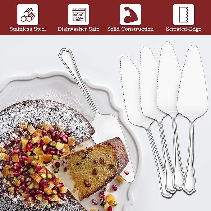 5-Piece Pie Server, E-far Stainless Steel Cake Server Spatula Cutter for Pastry Cheese Pizza, Serrated Edge with Scalloped Handle, Mirror Polished & Dishwasher Safe-9 Inch