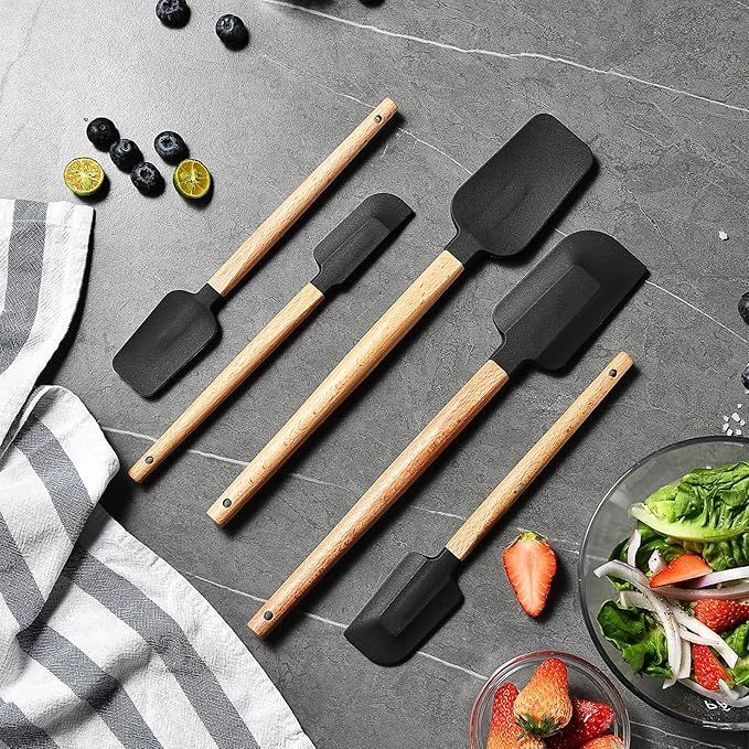 Non-Stick Rubber Spatula Set 5 Pieces - Food Grade Silicone Spatulas, Spoon Scraper, Jar Scraper, Flat Scraper for Baking Cooking Mixing Frosting - 600째F Heat Resistant (Cream White)