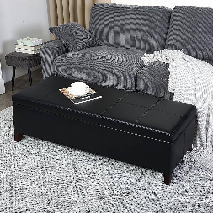 DECO DE VILLE Storage Ottoman Bench, 51 Inch Faux Leather Foot Rest with Hinged Lid, Black Bed Bench